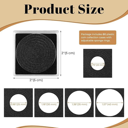 80 Pcs Adjustable Acrylic Coin Collection Cases with Sponges, Coin Snap Holder, Silver Dollar Protection Cases for Collectors, Coin Dollar Collection Supplies(20mm-40mm)