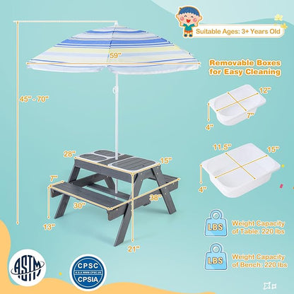 Costzon Kids Picnic Table with Sensory Bins, 4 in 1 Sand and Water Table with Height Adjustable Umbrella, Removable Tabletop, Wooden Kids Outdoor Table for Backyard Patio Play