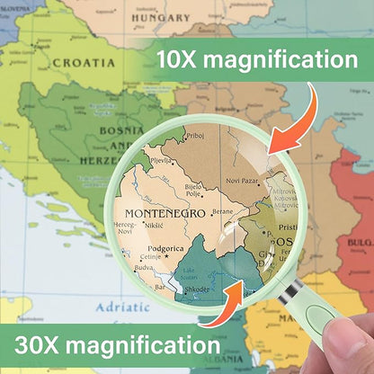 Feosky Handheld Reading Magnifier, 10X 30X Magnifier, 75mm Shatterproof Lens, Non-Slip Handle for Adults Close Work, Seniors Reading and Kids Nature Exploration, Hobby Observation (Green)
