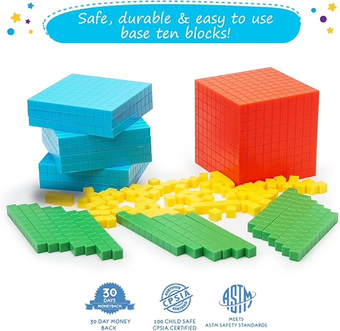 Simply magic 140+1 PCS Colorful Base Ten Blocks & Activities Set - Base Ten Blocks Classroom Set, Base 10 Math Manipulatives, Place Value Blocks Mat, Ones Tens Hundreds Blocks, Math Counters Cubes