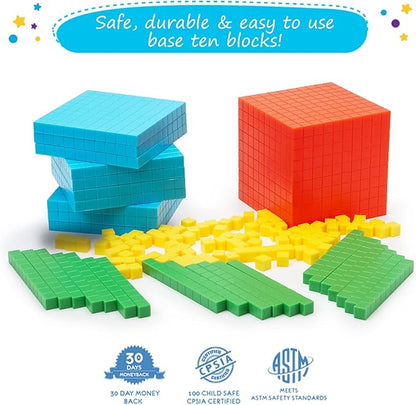 Simply magic 140+1 PCS Colorful Base Ten Blocks & Activities Set - Base Ten Blocks Classroom Set, Base 10 Math Manipulatives, Place Value Blocks Mat, Ones Tens Hundreds Blocks, Math Counters Cubes