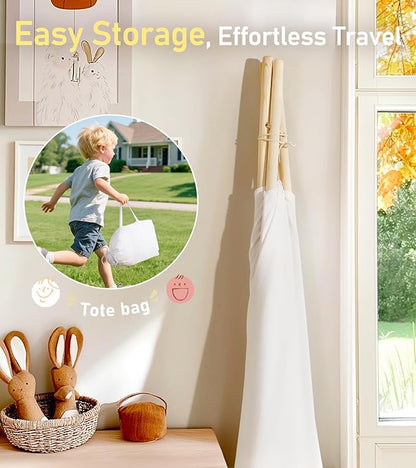 little dove Teepee Tent for Kids Foldable Teepee Play Tent with Carry Case, Banner, Fairy Lights, Olives Branches, Four Poles Style Raw White Color - New Version Tiny House