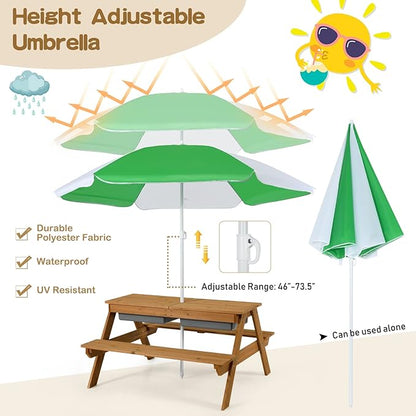 Costzon Kids Picnic Table with Sensory Bins, 4 in 1 Sand and Water Table with Height Adjustable Umbrella, Removable Tabletop for Outdoor Backyard Patio Play
