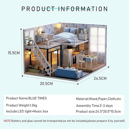 CUTEROOM DIY Miniature Dollhouse Kit with Furniture,Wooden Doll House Plus Music Movement & LED Lights, DIY House Kit for Christmas Birthday- Blue Times