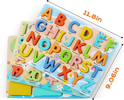 Wooden Puzzles for Toddlers, Voamuw Alphabet Number Shape Learning Education Preschool Toys for Kids Ages 3-6 Years Old (Set of 3)