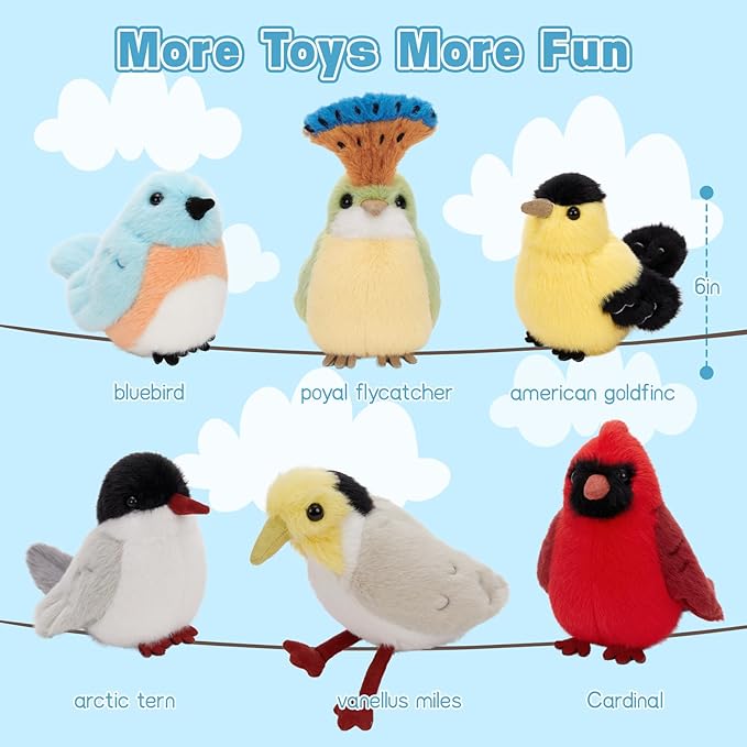 Muiteiur 6 Pcs Bird Stuffed Animals Set,6 Inch Soft Plush Toy, Stuffed Animal Bulk for Kids Boys Girls, Bird Lovers, Birthday Theme Decor