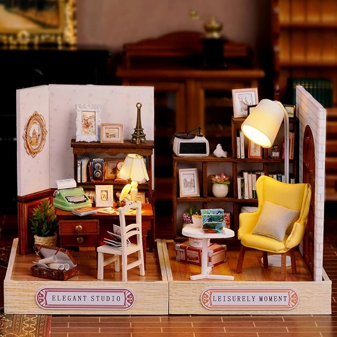 TuKIIE DIY Miniature Dollhouse Kit with Furniture, 1:24 Scale Creative Room Mini Wooden Doll House Plus Dust Proof for Kids Teens Adults(Elegant Studio)