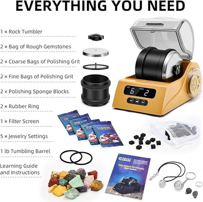 Rock Tumbler Kit Adults - Rock Polisher Tumbler with Noise Reduction Cover, Speed&Timer Control, Includes 4 Polishing Grits, Rough Gemstones, Learning Guide etc. (Yellow)