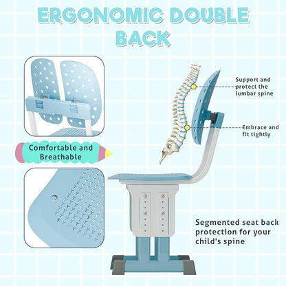 2025 NEW Kid's Study Desk and Chair Set, Ergonomic Height Adjustable Children Study Desk with Tilt Desktop, Book Stand, Light, Metal Hook and Storage Drawer,Gift for Boys Girls (Blue 70cm no lean)