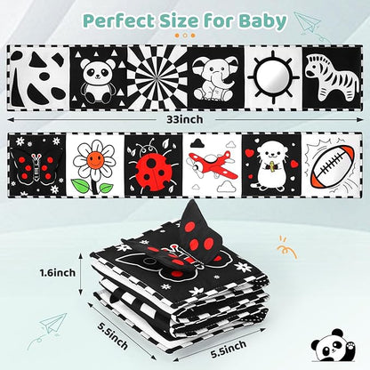 High Contrast Baby Book with Tummy Time Mirror & Contrast Cards | Black and White Visual Stimulation for Newborns 0-6 Months & Infants | Interactive Learning Gift, Baby Shower Essential
