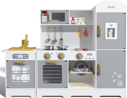 CoziBB Wooden Pretend Play Kitchen Set, Realistic Oven Faucet Microwave Ice Maker BBQ, with Lights & Sounds Features, 21 Accessories, Toys Kitchen for Kids Children Boys Grils, Gift for Ages 3+