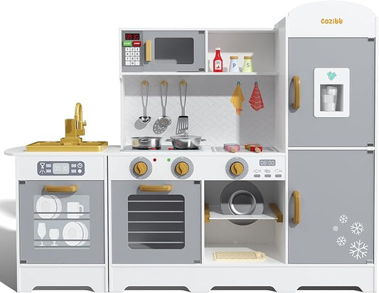 CoziBB Wooden Pretend Play Kitchen Set, Realistic Oven Faucet Microwave Ice Maker BBQ, with Lights & Sounds Features, 21 Accessories, Toys Kitchen for Kids Children Boys Grils, Gift for Ages 3+