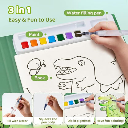 JoyCat Paint with Water Coloring Books for Toddlers, Watercolor Painting Sets for Kids Ages 3-5 4-8, Arts and Crafts Drawing Activities Toy Birthday Gift for Boys Girls (Dinosaur & Vehicle)