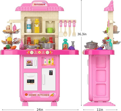 Kitchen Playset for Ages 3-6 4-8, Play Kitchen with Light and Sound, Sink Toy, Pretend Food Toys for Toddlers 3-5 Boys Girls 6-12 (Pink)