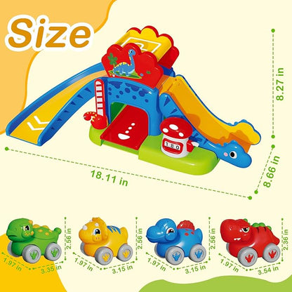 Baby Toys for 1 Year Old Boys & Girls Gift – Dino Slide Set with 4 Color & Number Push Cars – Dinosaur Toy for Toddlers, Montessori Learning Toys for 12-18 Months – 1st Birthday Gifts for Kids