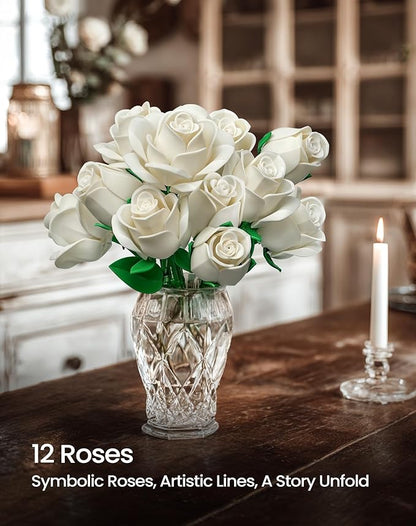iATOM White Rose Bouquet Building Set, Wedding Artificial Flowers Botanical Collection for Adults Women, Gift for Valentines Day & Christmas - Home Office Table Centerpiece Decor - IA11013