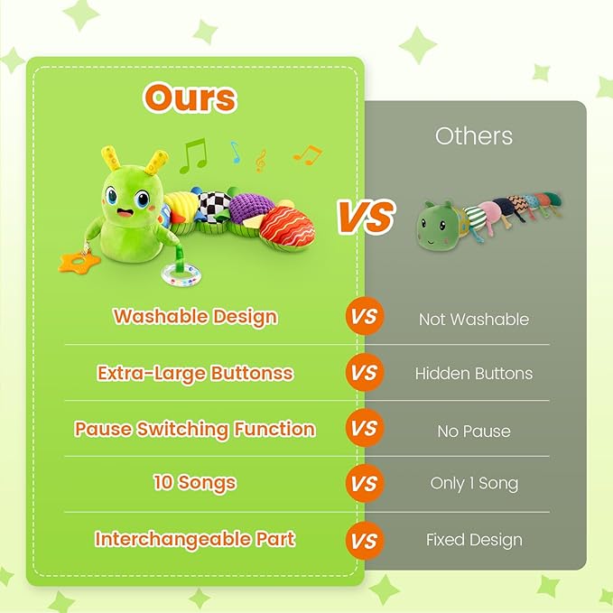 Baby Toys 0-6 Months, Washable Baby Musical Caterpillar Toys with 10 Children's Songs,Rattles,Teething Toys,Suitable for 0-6, 6-12 Months Infant Tummy Time Toy,Newborn Baby Boy&Gril Toy(Green)