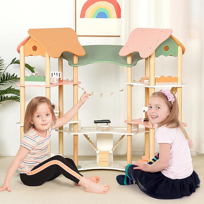 Costzon Wooden Dollhouse for Kids, 3-Story Luxury Doll House with 32 Pieces Furniture Accessories, 7 Rooms, Stairs & Balcony, DIY Pretend Dollhouse Playset, Gift for Girls Toddlers Ages 3+ (Colorful)