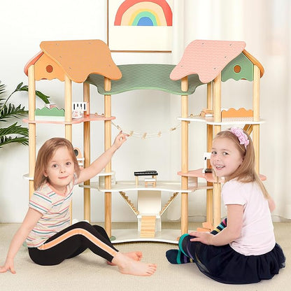 Costzon Wooden Dollhouse for Kids, 3-Story Luxury Doll House with 32 Pieces Furniture Accessories, 7 Rooms, Stairs & Balcony, DIY Pretend Dollhouse Playset, Gift for Girls Toddlers Ages 3+ (Colorful)