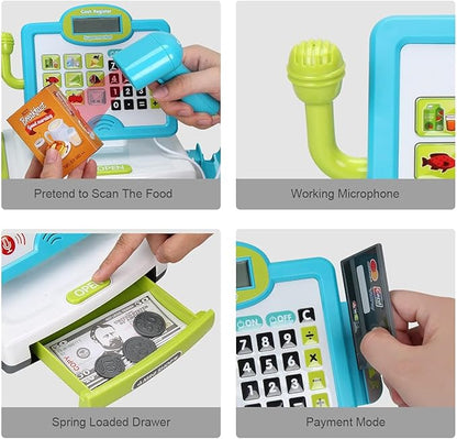 FS Pretend Play Calculator Cash Register Toy as Preschool Gift for Kids, Classic Count Toy with Sound, Microphone, Scanner, Pretend Credit Card, Play Food for Boys & Girls,45 Pieces, Ages 3 4 5 6 7
