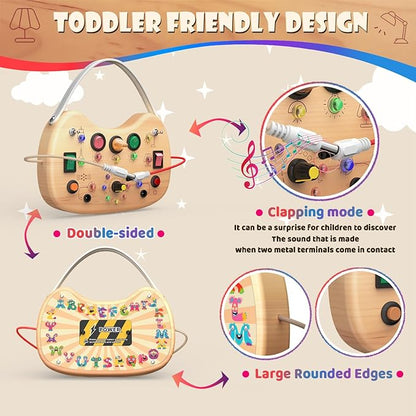 Montessori Wooden Busy Board for Toddlers with LED Light Lights & Switches,Portable Activity Board for Car & Airplane Travel Toys, Christmas & Birthday Gift for 1-3 Year Old Boys & Girls