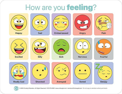 Circle Up Emoji Emotions Chart 10-Pack – 8.5x11 Laminated SEL Tool for Emotional Check-Ins & Conversations – Double-Sided Feelings Chart for Counselors, Educators, Therapists & Social Workers (5 Emoji & 5 Feeling Wheel)