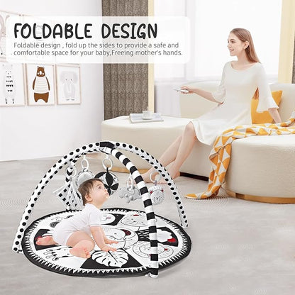 Black and White Tummy Time Mat, Play Mat for Babies 0-6 Months High Contrast Baby Play Activity Gym Baby Tummy Time Play Mat with 5 Toys for Early Sensory Exploration Newborn Infant Baby Playmat