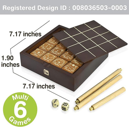Super SIX : Wooden Multi Board Game: Tic Tac Toe + Shut The Block + 15 Number Sliding Puzzles for Kids and Family