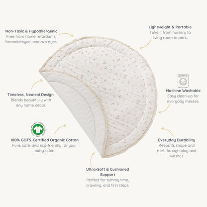 MakeMake Organics Organic Play Mat GOTS Certified Organic Cotton Nursery Floor Rug Washable Reversible Non Toxic Activity Mat Tummy Time Crawling Pad Thick Quilted (Round 48", Bloom + Solid Oat)