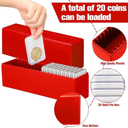 Wenqik 6 Pcs Plastic Coin Storage Box Case with 20 Slab Coin Holders - Collection Box for Collectors, Home, Office, Bank Supplies(Red)