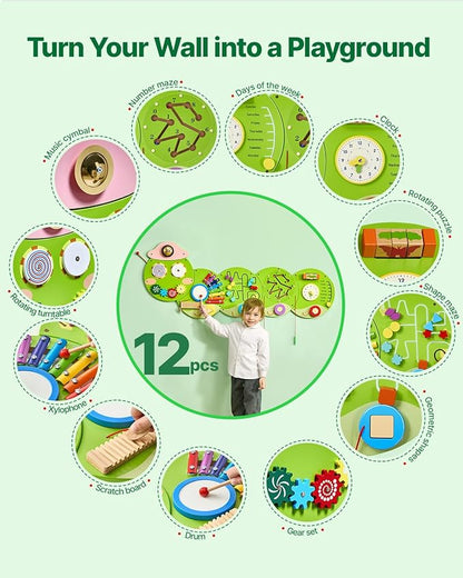 VEVOR Caterpillar Activity Wall Busy Board, 12 Activities Board, Montessori Sensory Panel for Kids 3-12 Years, Sensory Wall Activity Panel, Ideal for Toddler Playroom Nursery Classroom