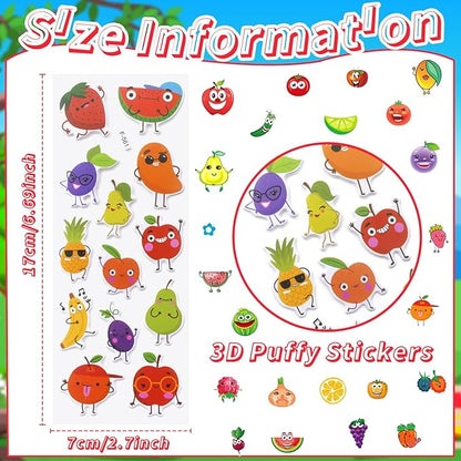 36 Sheets 3D Fruit Stickers for Kids (900+), Bulk Puffy Stickers with Funny Faces for Classroom, Crafts, Party Favors - Apple, Banana, Strawberry