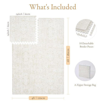 PopsyKosy Premium Exercise & Baby Foam Play Mats - Stylish & Large Non-Toxic Odorless Floor Mat - 6 Tiles - Spacious 6ft x 4ft - Peel-Resistant Reinforced - Soft Thick, Waterproof - Pearl Beige