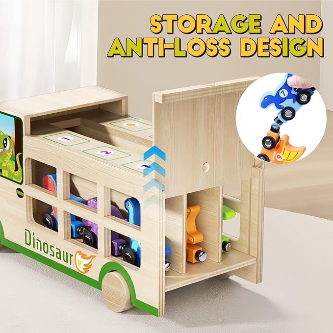 GJZZ Wooden Dinosaur Truck & 10 Magnetic Wooden Dinosaur Train Set | Montessori STEM Toys for Kids 2-5 Years | Toddler Learning Toys, Birthday Gifts for Boys and Girls