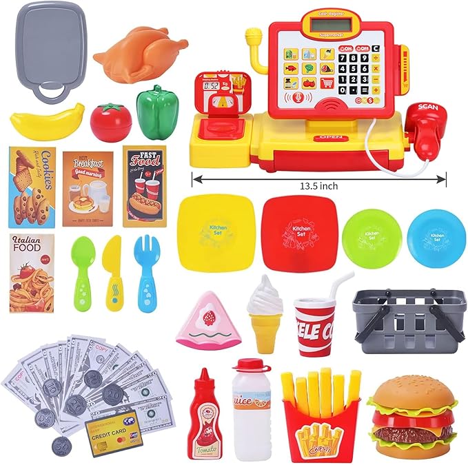 FS Pretend Play Cash Register Toy with True Barcode Scanner & Calculator, Microphone, Play Food, Supermarket Cashier, Great Pre-School Gift Cash Register for Kids Boys & Girls, Ages 3 4 5 6 8