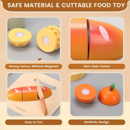 Picnic Playset, Wooden Play Food Set for Kids Kitchen, Cutting Pretend Play Kitchen Food Toy for Toddlers Girls Boys 3 4 5 Years Old