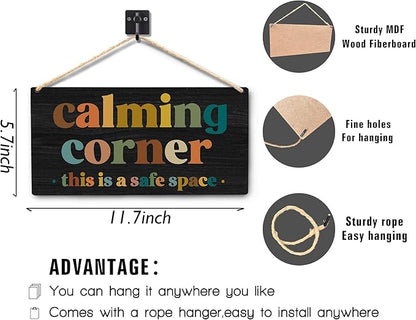 Calming Corner Hanging Wood Sign - Safe Space, Classroom Decor, School Counselor Office, Calm Down Corner Decorations, Boho Style (Black), 12x6