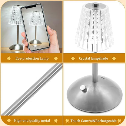 Cordless Touch Table Lamp, LED Rechargeable Small Dask Lamp, 3 Colors Dimmable Battery Operated Crysta Lamp for Bedroom Restaurant Kitchen Home Decor,Silver