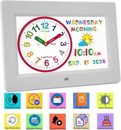 Véfaîî Digital Teaching Clock Talking Time, 24 Alarms Custom Reminders, Checklist to-Do List, Auto DST & Calendar Display, Sleep Trainer, Easy to Use for Kids Birthday Gift- White with Remote