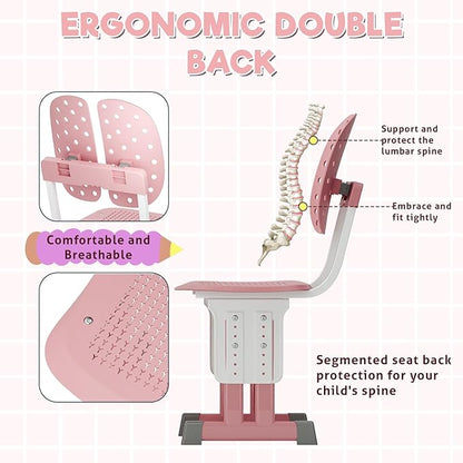 2025 NEW Kid's Study Desk and Chair Set, Ergonomic Height Adjustable Children Study Desk with Tilt Desktop, Book Stand, Light, Metal Hook and Storage Drawer,Gift for Boys Girls (Pink 70cm no lean)