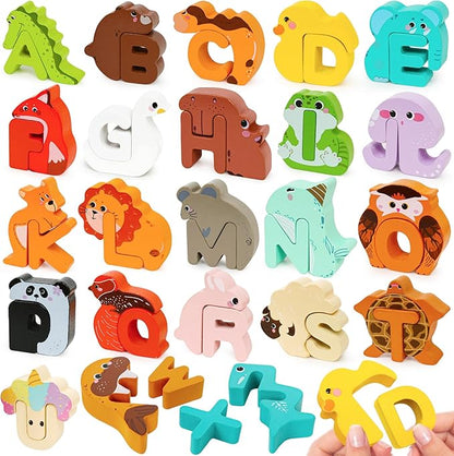 Wooden Alphabet Matching Game, ABC Animal Puzzle Board for Toddlers, Montessori Sorting Blocks Board Toy, Preschool Jigsaw Puzzle for Early Learning, Educational Gift for Kids Boys Girls Ages 3-5
