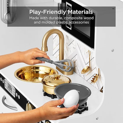 Best Choice Products Pretend Play Kitchen Wooden Toy Set for Kids w/Realistic Design, Telephone, Utensils, Oven, Microwave, Sink - White Bevel