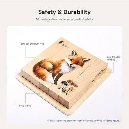 4 in 1 Wooden Animal Chunky Puzzle, 5 Solid Wood Puzzle Blocks with 4 Sides Realistic Forest Animals, Wooden Block Puzzle with Durable Base for Toddlers 3+ Years - Montessori Inspired