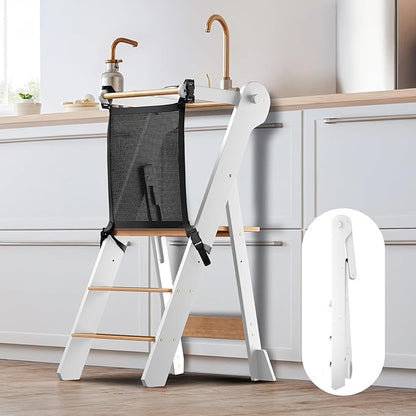 COSYLAND Foldable Toddler Standing Tower - Adjustable Height Folding Step Stool Kids Toddler Kitchen Stool Helper for Learning and Cooking - Ages 18 Months to 6 Years with Safety net Natural & White