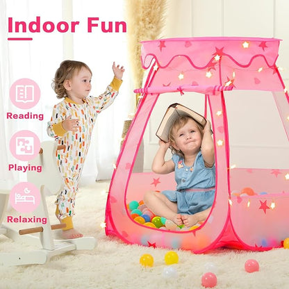 Baby Ball Pit for Toddler: with Star Lights - Pop Up Princess Play Tent for Kids - Indoor Outdoor Baby Girl Toys Birthday Gifts - NO Balls (Pink Tent)
