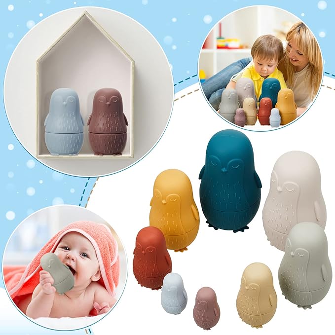 Chivao 8 Pieces Russian Nesting Dolls Silicone Matryoshka Doll Educational Stacking Nesting Dolls for Toddlers Vivid Food Grade Baby Teether for Kids, Gift for Kids(Penguin)