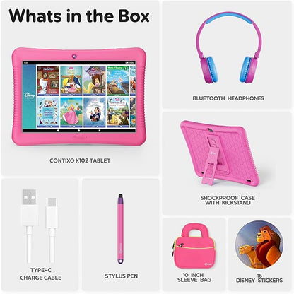 Contixo 10" Android Kids Tablet Bundle - 32GB, 80+ Disney Storybooks ($350 Value), Parental Controls, Kid-Proof Case w/Kickstand & Stylus, Headphones & Sleeve Bag - Pink