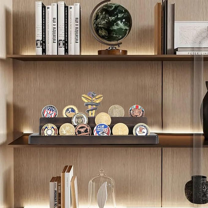 Military Challenge Coins Display Holder Solid Wood,Small Challenge Coin Stand Holds 15-18 Coins,4 Row Army Coin Display Rack for Desk,Challenge Coin Display Case (Coins Not Included)