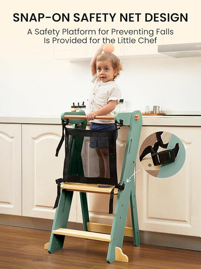 GROWNSY Foldable Step Stool Toddler Tower, Toddler Kitchen Stool Helper, Collapsible Kids Standing Learning Tower with 3 Adjustable Heights and Safety Net for Kitchen Bathroom Sink Counter (Green)