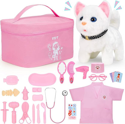 Doctor Kit for Girls, 27 Pcs Veterinarian Playset with Walking Cat Toy, Carrying Bag, Stethoscope & Dress Up Costume, Pretend Play Gift for Kids Toddlers Ages 3 4 5 6 Year Old
